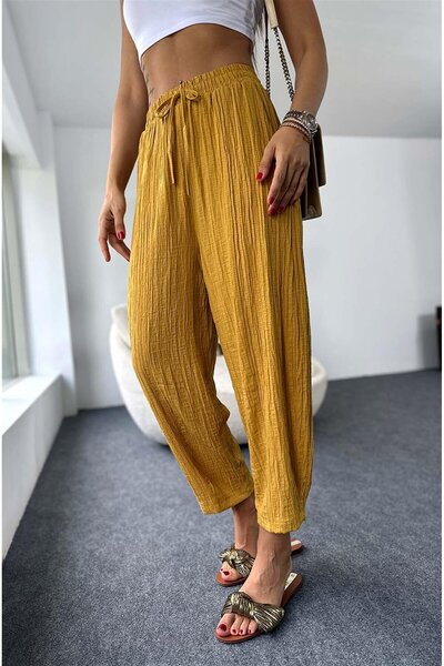 Nana & Mayka Moda Camel Waffle Women's Baggy Pants – Elastic Waist, Loose Fit, Summer Comfortable Model 4000