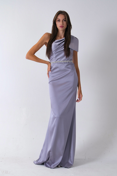 Feminist Tek Omuz Drapeli Taş Detaylı Abiye Gri 0801009