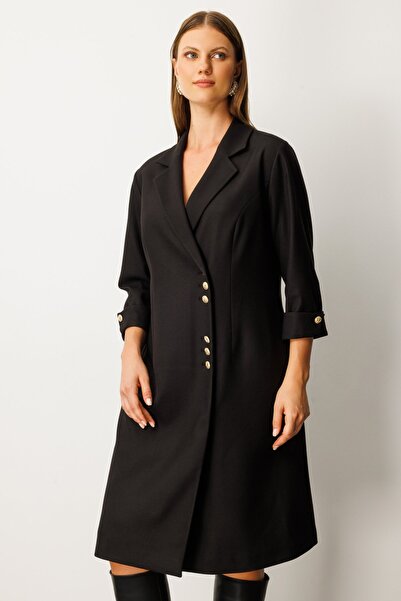 Ekol Double-Breasted Collar Midi Dress Black