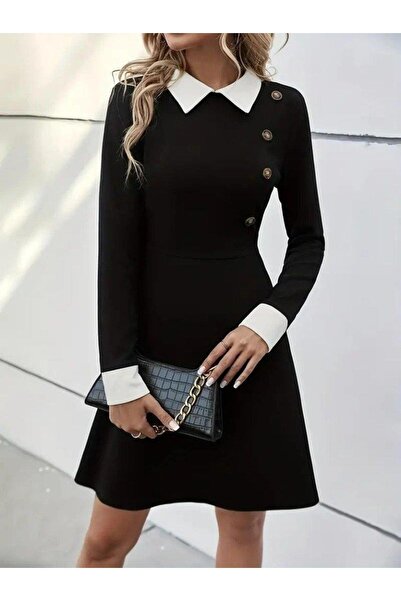 babatr.com Női hosszú ujjú, gombos, rövid modális miniruha gallérral