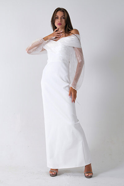 Feminist Organze Kol Detaylı Kayık Yaka Abiye Beyaz 0801086