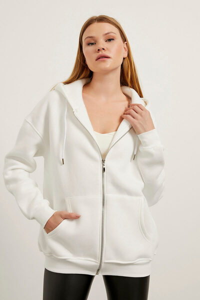 Arma Life Women's Zippered Hooded White Oversize Sweatshirt