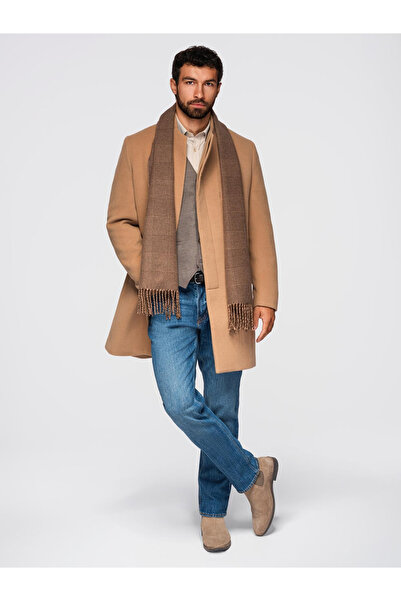 OMBRE Herrenmantel mit asymmetrischem Verschluss und hohem Kragen - Braun OM-...