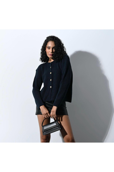 My Blog Navy Blue Gold Buttoned Cardigan