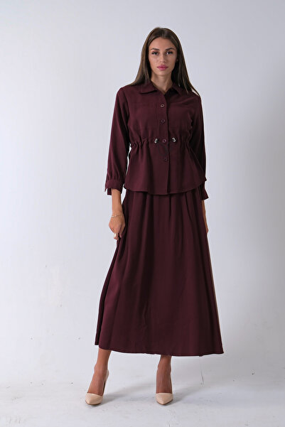 Feminist 2 Cep Detaylı Belden Lastikli Etekli Takım Bordo 4592257
