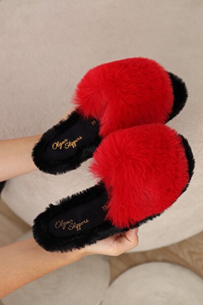 ALTUNTAŞ Indoor Plush Furry Open Front Eva Sole Gift Slippers Red