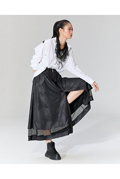 LAMANTE Önü Fermuarlı Deri File Detaylı Etek-s