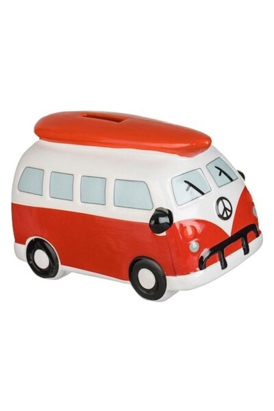 SHOPIENS Clay Money Box Caravan Red and White with Surfboard and Opening 16x10cm