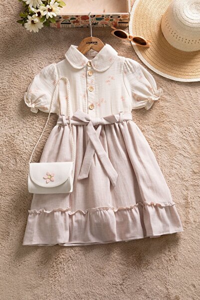 Cansın Mini Φόρεμα με κοντό μανίκι με μπεζ ύφασμα μουσελίνα με σχέδιο και τσάντα για κορίτσια 22658