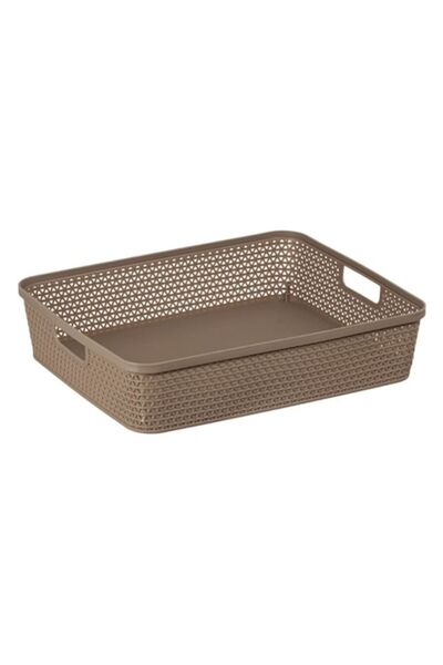 SHOPIENS ® Beige Plastic Storage Basket with Rattan Design and Handles, 35.5x29x9 cm/4.8L
