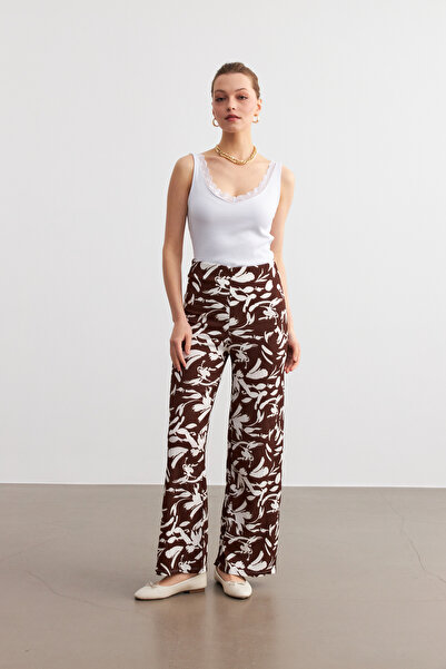 NEWCO Women's Brown-White Patterned Pipe Leg Trousers