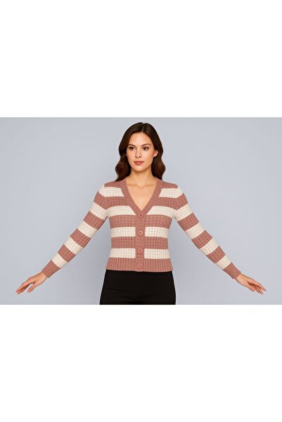 Sfg Life Moda Women's Buttoned Front and Double-Colored Knitwear Cardigan