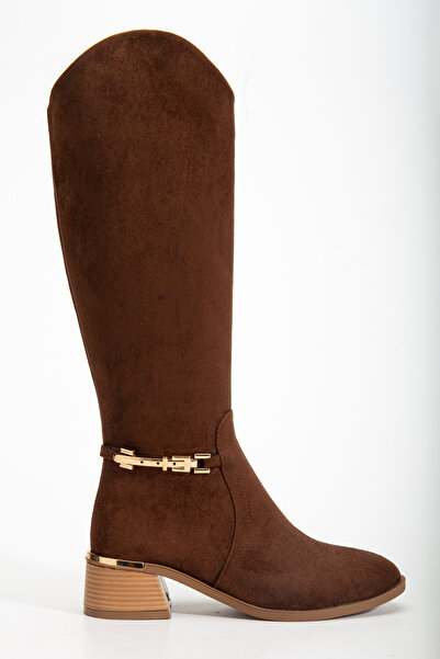 MARSEDO Women's Below-The-Knee Boots with Gold Buckle Detail and Zipper, Casual Boots, Lina Brown Suede