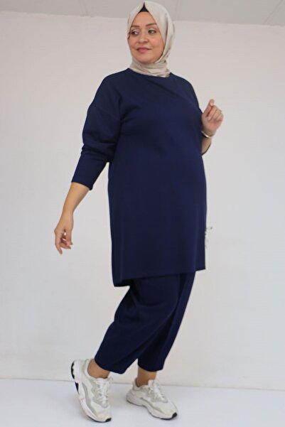 Eslina 47095 Plus Size Modal Pants Suit with Side Embroidery Detail - Indigo