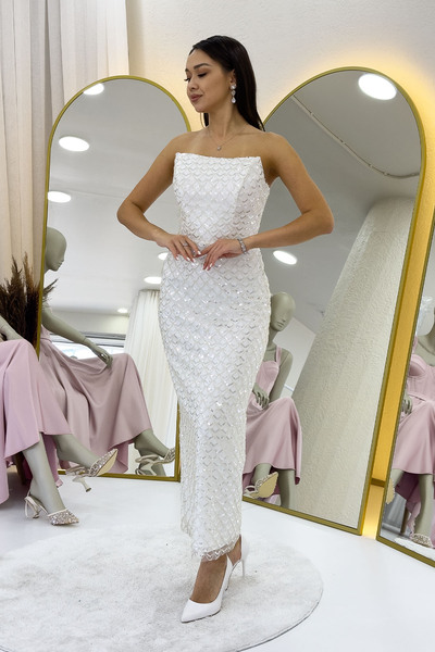 zks grup tekstil Women's Strapless Beaded Midi Length Evening Dress Lilac, Aqua Green, Baby Blue, White, Black, Gold