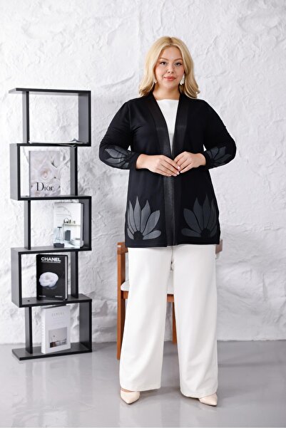 Siyezen Plus Size Leather Detailed Stoned Modal Fabric Cardigan