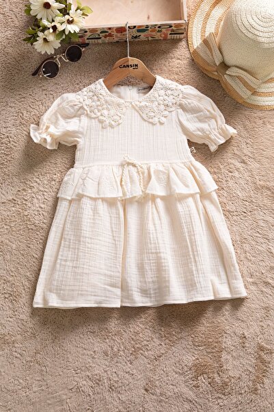 Cansın Mini Cream Lace Collar Baby Girl Short Sleeve Dress 22666