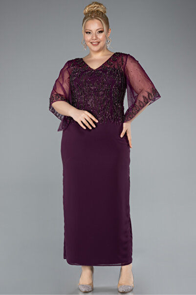 Abiyefon Mor Taşlı V Yaka Kapri Kol Midi Büyük Beden Abiye ABK2333