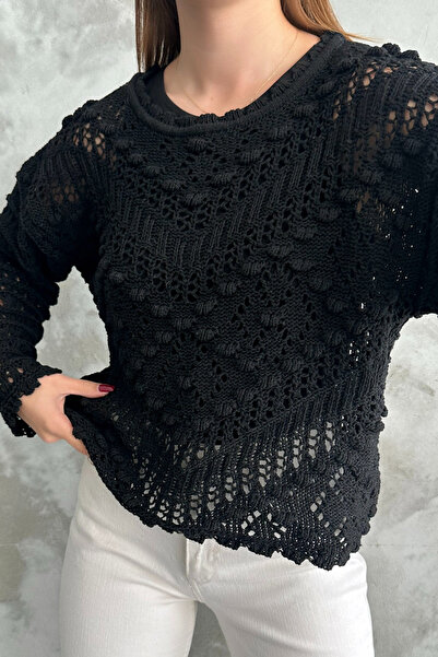 Ottawe Relaxed Fiit Salaş Yuvarlak Sıfır Yaka Düşük Uzun Kol Ajur Delikli ve ...