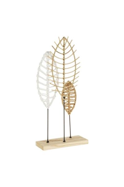 SHOPIENS Shopiens® wooden base table decoration with 3 vertical metal leaves wrapped with string