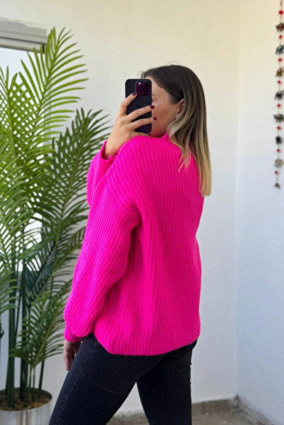 Kubos Moda Balloon Sleeve Pearl Embroidered Fuchsia Women's Knitwear Sweater