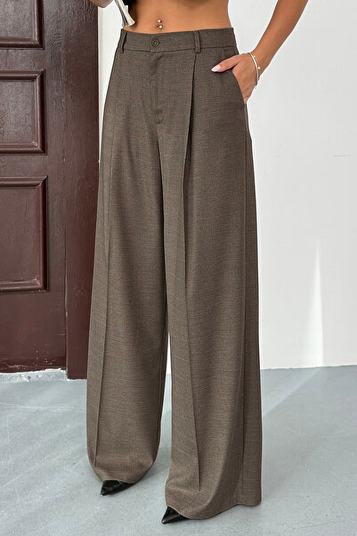 Ortaya Çık Brown Plaid Single Pleat Palazzo Pants