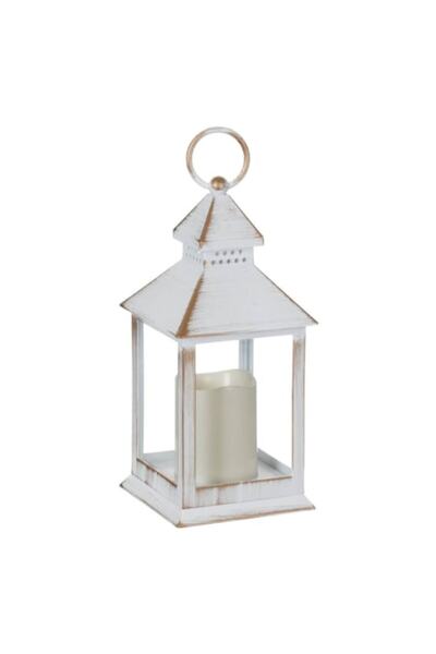 SHOPIENS Suspended Decorative Lantern White Brushed Shopiens® with LED Candle, 11 x 11 x 24 cm
