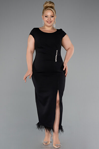 Abiyefon Siyah Kısa Kol Yırtmaçlı Midi Büyük Beden Davet Elbisesi ABK2340