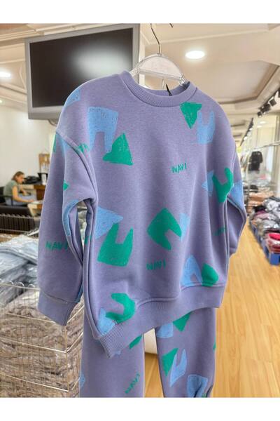 ZRA Hei Boys' Cotton Blue Color Patterned Sweatshirt and Sweatpants Set