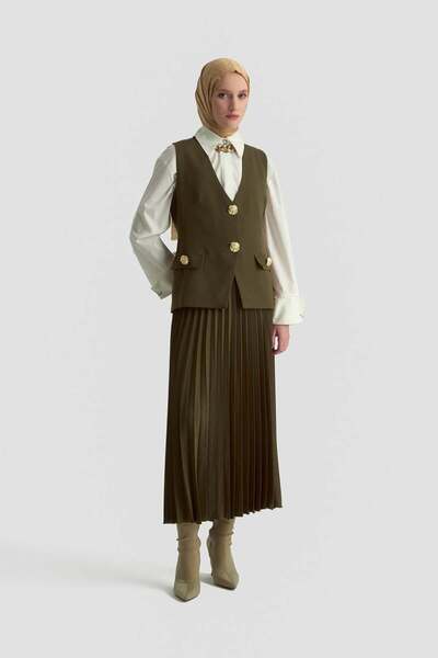 Armine TREND Gold Button Pocket Detailed Pleated Skirt and Vest Two-Piece Set - 25Kt643