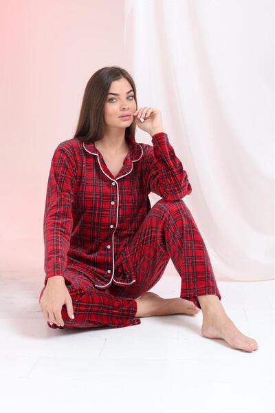 Elit Red Front Buttoned Velvet Winter Women's Pajamas Set Dowry Set Gift