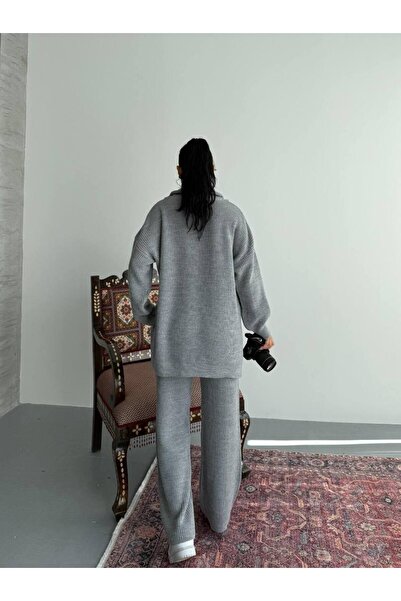 moda paketi Oversize Sweater Pants Zippered Double Knitwear Set