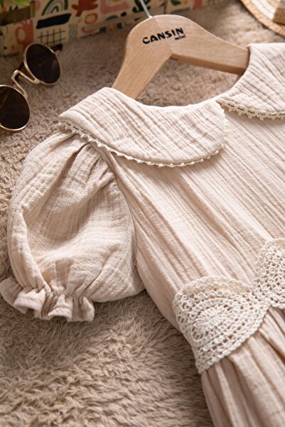 Cansın Mini Καφέ δαντέλα κεντημένη με ζώνη φόρεμα μουσελίνας για κορίτσια 22660