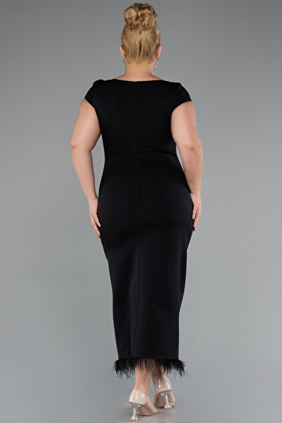 Abiyefon Siyah Kısa Kol Yırtmaçlı Midi Büyük Beden Davet Elbisesi ABK2340