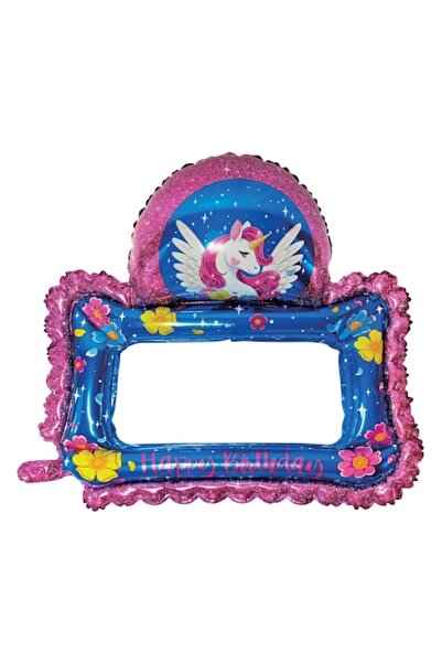 SHOPIENS Balon din folie Happy Unicorn Shopiens®, in forma de rama 3D cu model unicorn, pentru petrecerea fe