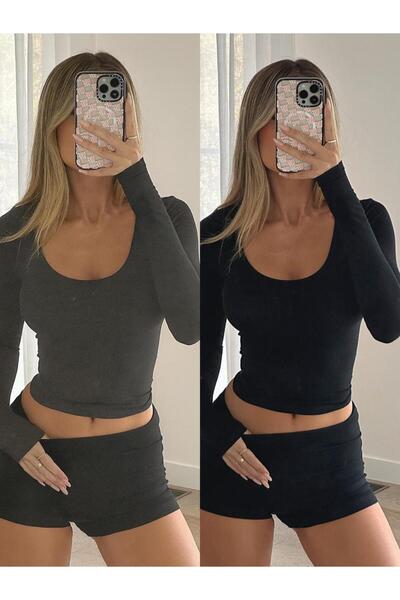 ÖZ PAMUK Μπλούζα με τετράγωνο λαιμόκοψη 2 τεμαχίων Basic SOLID υφασμάτινη μακ...