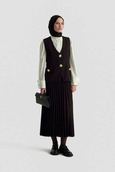 Armine TREND Gold Button Pocket Detailed Pleated Skirt and Vest Two-Piece Set - 25Kt643
