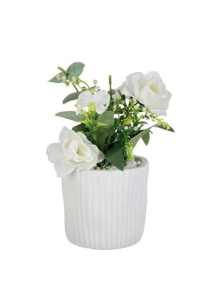 SHOPIENS Ghiveci Decorativ din Ciment Alb cu Planta Artificiala Trandafiri Al...