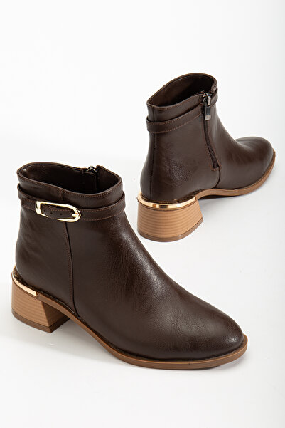 MARSEDO Women's Gold Buckle Detailed Zippered Casual Boots Aria Brown Skin