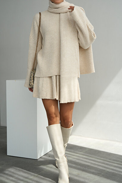 LOOSH Kadın Taş Rengi Yarım Balıkçı Yaka Şal Aksesuarlı Kazak Piliseli Etek T...