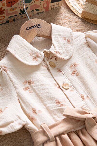 Cansın Mini Brown Muslin Fabric Patterned Girl's Short Sleeve Dress with Bag 22657