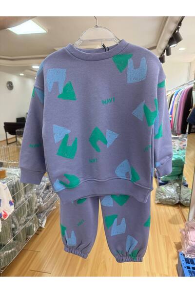 ZRA Hei Boys' Cotton Blue Color Patterned Sweatshirt and Sweatpants Set