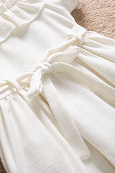 Cansın Mini Ecru Ruffle Detailed Belted Girl's Short Sleeve Dress 22664