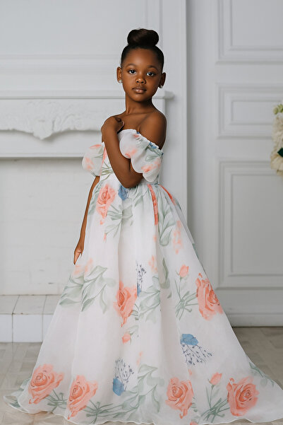 LILYMOON Çiçekli Organze Kuyruklu Abiye mezuniyet elbise,5-15 yaş