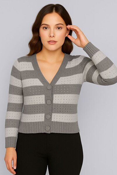 Sfg Life Moda Women's Buttoned Front and Double-Colored Knitwear Cardigan