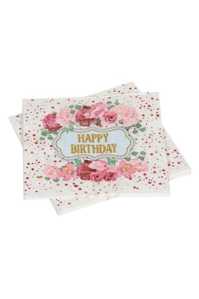 SHOPIENS Set 12 Pieces Table Napkins 2 Layers 33x33cm White Pink With Floral Happy Birthday Pattern for Party
