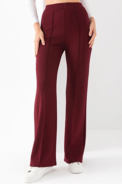 Bestenur Ahves Striped Spanish Leg Trousers 1590 - Burgundy