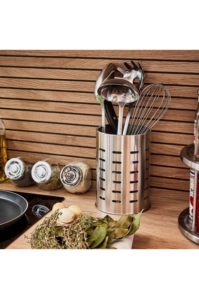 SHOPIENS ® Metal Cutlery Holder, Ø 12.8 x H 18 cm, Gray
