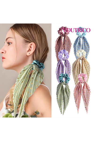 Youtrico 1pc Ribbon hair tie, hairstyle fix, handmade creased ribbon, multiple color options,green