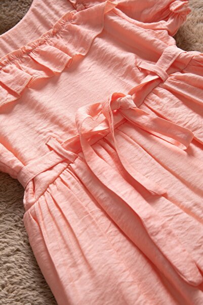 Cansın Mini Salmon Ruffle Detailed Short Sleeve Girls Pleated Dress 22653